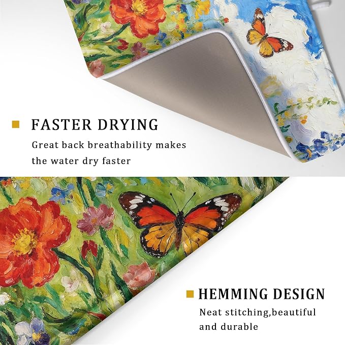 Cute Floral Dish Drying Mat for Kitchen Counter 18x24, Spring Summer Decorative Absorbent Reversible Microfiber Kitchen Countertop Protector Dishes Drainer Pad, Watercolor Flower Butterfly
