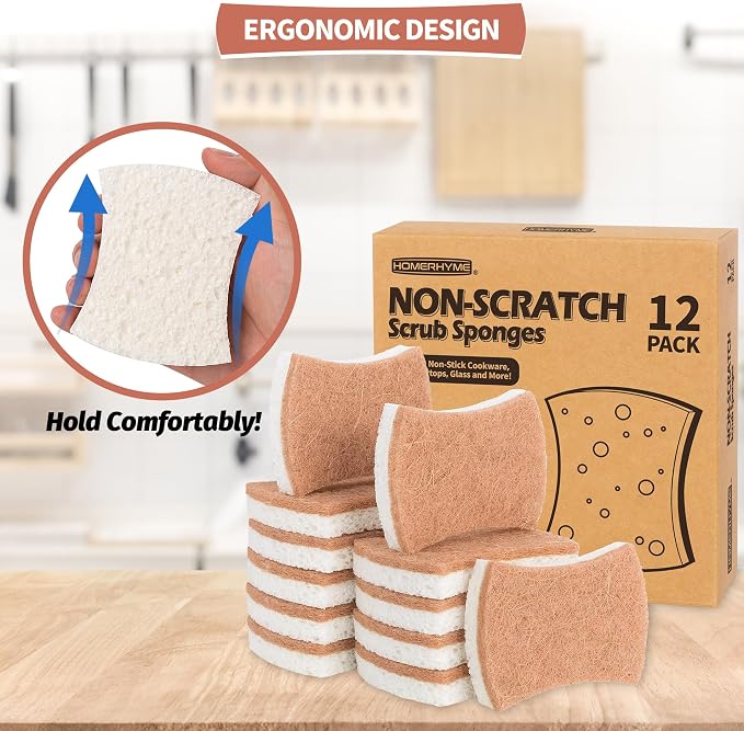 Natural Dish Sponge 12 Pack, Non-Scratch Scrub Kitchen Sponge, Eco Multipurpose, Odor-Less Dual-Sided for Dish Washing & Household Cleaning