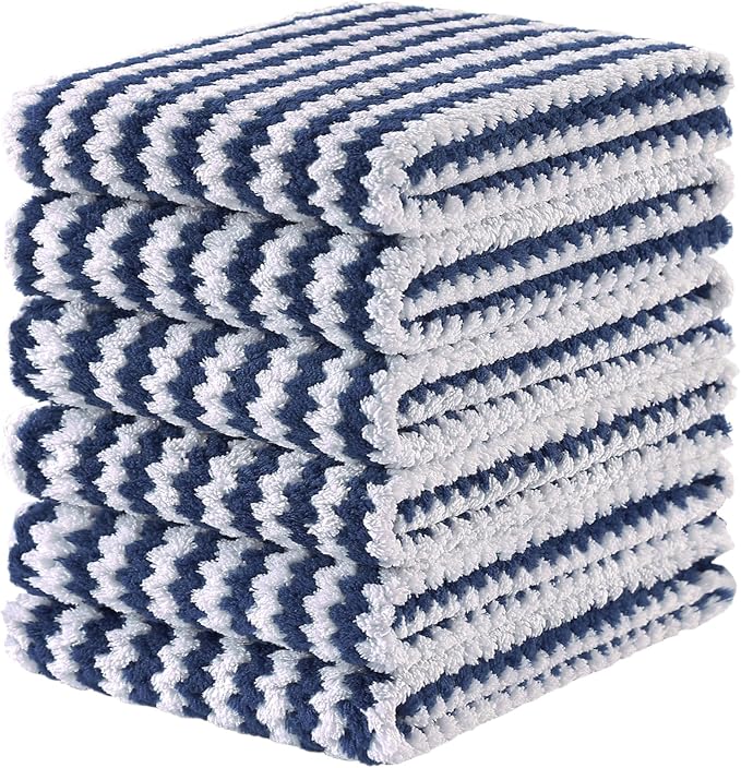 Homaxy Kitchen Towels(6 Pack, 10 x 20 inches), Ultra Soft and Absorbent Dish Towels, Reusable Fast Drying Microfiber Cleaning Cloth, Coral Velvet Wave Design No-lint, Navy Blue