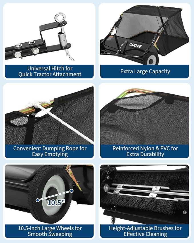 Garvee Tow Behind Lawn Sweeper 48 Inch, Heavy Duty Leaf & Grass Collector | Yard Sweeper Pull Behind,16 cu.ft. Leaf Collector,Tool-Free Adjustable Brush Height,Dumping Rope for Yard,Driveway,Sidewalk