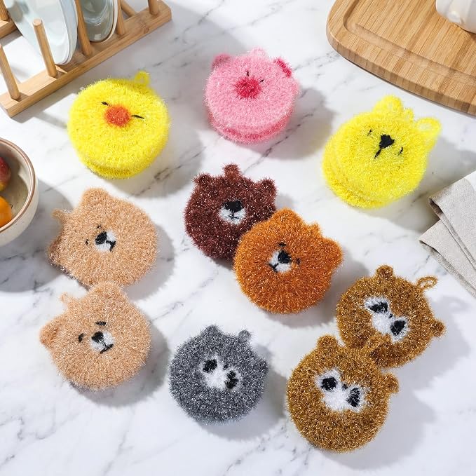 Kenning 16 Pcs Dish Scrubber Non Scratch Dish Washing Scrubbers Reusable Household Cleaning Kitchen Tools for Dishwashing Washing Dishes Cookware Tubs Sinks (Animal)