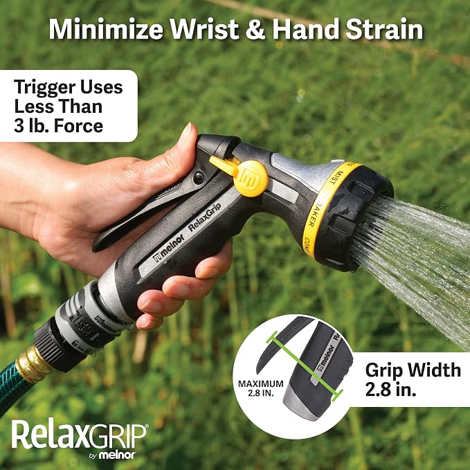 Melnor 65187AMZ RelaxGrip 8-Pattern Hose Nozzle with Quick Connect Bundle, Ergonomic Rear Trigger, Lightweight Water Nozzle, Arthritis Foundation Ease of Use Certified, Black, Yellow