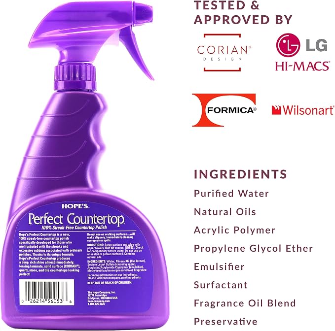 HOPE'S Perfect Countertop Cleaner and Polish - Streak-Free Multi Surface Cleaning Spray - Kitchen Spray for Granite, Quartz, Marble, Stone, Laminate, CORIAN, 22 Fl Oz, Pack of 1 with Microfiber Cloth