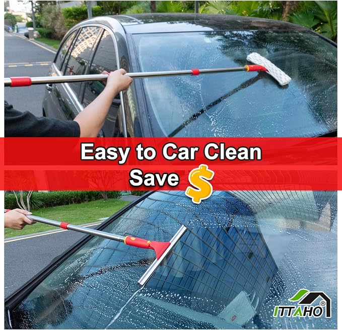 Squeegee for Window Cleaning, 12" Squeegee and 11" Microfiber Scrubber Combi with Stainless Steel Pole, Extendable Window Cleaner for Car, Sliding Door, Shower Glass Door-Swivel Style-2 Pads