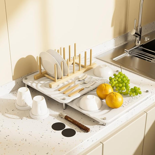 VERIFOST Nested Dish Drying Mat with Bamboo Rack for Dishes, 2Pcs Diatomaceous Earth Stone, Fast Stone Drying Mat for Kitchen Counter with Non-slip Feet, Pearl