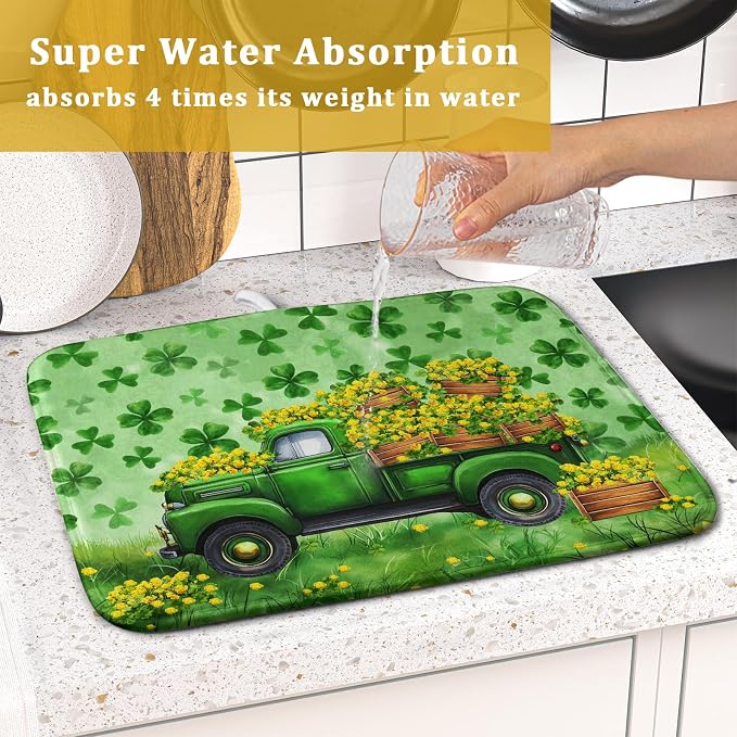 Holiday Truck Drying Dish Mat Green Lovely Clovers Decoration Cloth Dish Drain Mat Small