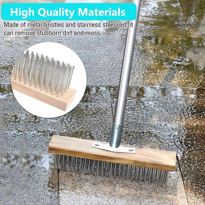 Concrete Scrub Brush - Concrete Brush Wire Broom with 62" Long Handle - Deck Brushes for Scrubbing Heavy Duty Stiff Metal Bristle Floor Scrubber Brushes for Cleaning Moss Grout Garage Patio