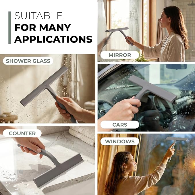 GÜTEWERK Silicone Shower Squeegee for Glass Doors & Mirrors with Stainless Steel Core, Streak-Free & No-Squeak Window Cleaning, 3-in-1 No-Drill Mount (Hook/Suction/Adhesive),Gray, 9 Inches