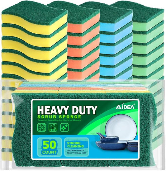AIDEA Sponges Kitchen, 50-PK Heavy Duty Dish Sponge Kitchen, Scrub Sponges | Dish Sponges Stink-Free, Cleaning Dish Scrubber Sponges for Home & Restaurant, Bathroom, Bulk Sponges for Pots/ Pans 4 Colors