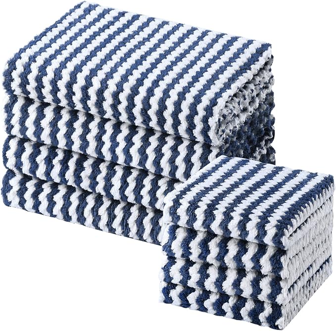 Homaxy 8 Pack Kitchen Towels and Dishcloths Set, 10 x 10 and 10 x 20 Inches, Ultra Soft and Absorbent Coral Velvet Dish Towels, no-lint Reusable Fast Drying Microfiber Cleaning Cloth, Navy Blue