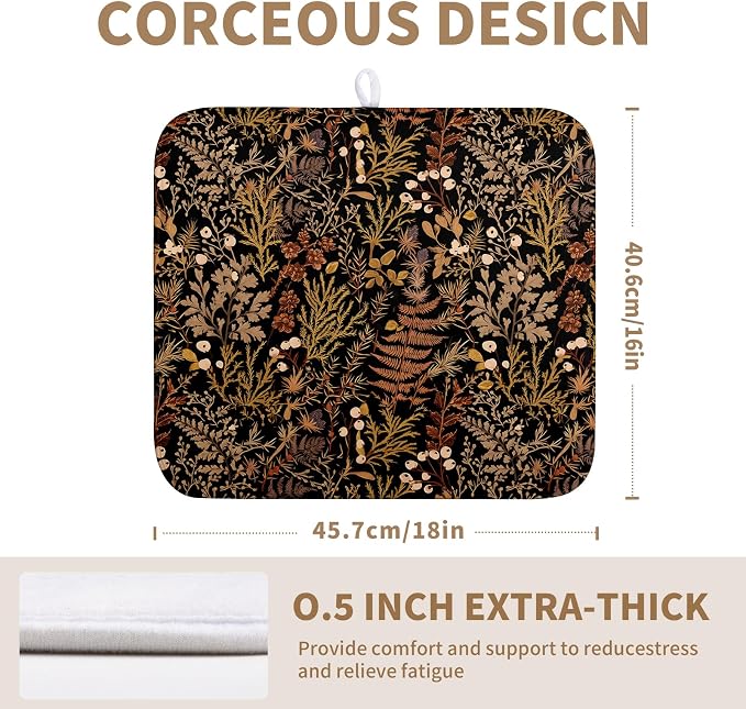 Black Burnt Orange Botanical Fall Dish Drying Mat for Kitchen Counter Seasonal Autumn Vintage Plant Floral Leaf Dish Mat Thanksgiving Absorbent Microfiber Dishes Drainer Pad Medium 16"x18"