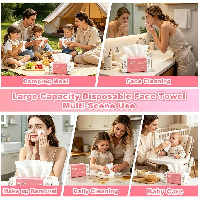 100 Count Disposable Face Towel, Dual-Textured Facial Wash Cloth | Ultra Thick Soft Cotton Disposable Washcloths for Washing & Drying, Facial Tissue for Cleansing, Skincare and Makeup Remover