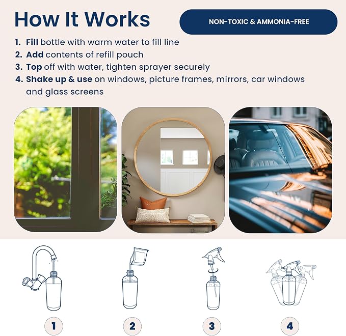 Truly Free Natural Glass Cleaner Kit - Removes Dirt & Debris for Sparkling Clean Windows & Glass Surfaces at Home, Office & Garage, Includes 16 oz Reusable Empty Bottle + Two Fills, 3 oz ea.