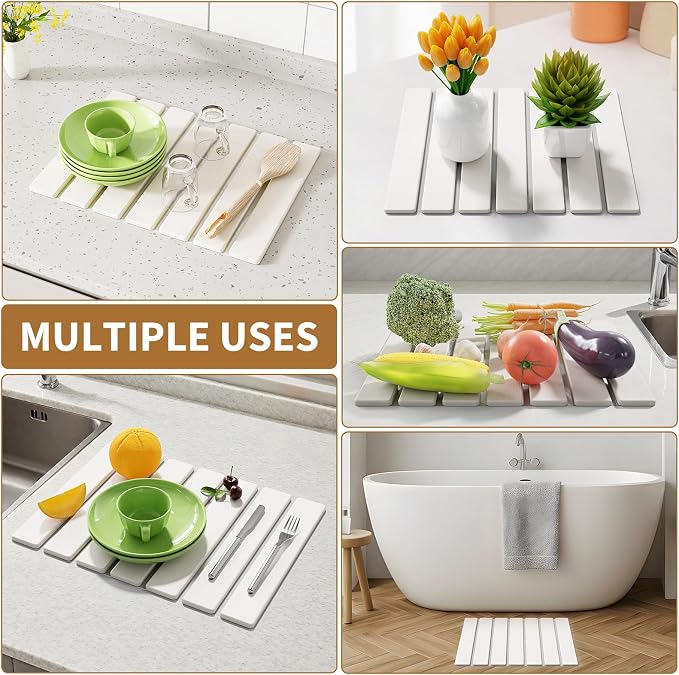 Stone Dish Drying Mat for Kitchen Counter,15.5''x11.8'' Foldable Quick Dry Stone Kitchen Mat,Eco-Friendly,Absorbent Diatomaceous Earth Mats for Dishes Bottles Cups Bathroom Any Countertop-White