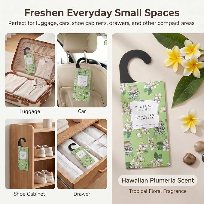 Large 12 Packs Hawaiian Plumeria Hanging Scented Sachets Long-Lasting Closet Deodorizer Air Freshener Fabric Refresher Odor Eliminator for Drawer Home Fragrance Gift Set