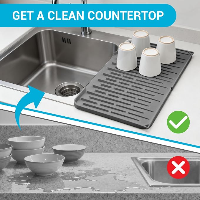 Foldable Silicone Dish Drying Mat for Kitchen Counter & Sink - Quick Dry, Space Saving, Non-Slip Pad for Small Apartments & Coffee Bar Dark Grey