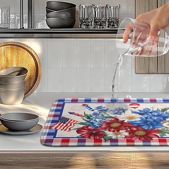Patriotic Floral Dish Drying Mats 4th of July Flowers Dish Mat Blue Red Firework Drying Matt Dishes Dryer Pad for Kitchen Counter Absorbent Microfiber Washable Foldable Reusable 18x24 in
