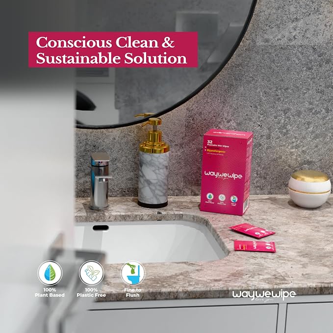 On-The-Go Flushable Feminine Wet Wipes, 32 Count XL Individually Wrapped Female Wipes, Hypoallergenic 100% Plant Based Septic Safe, Travel Size Adult Cleansing Cloth for Women, Rosewater
