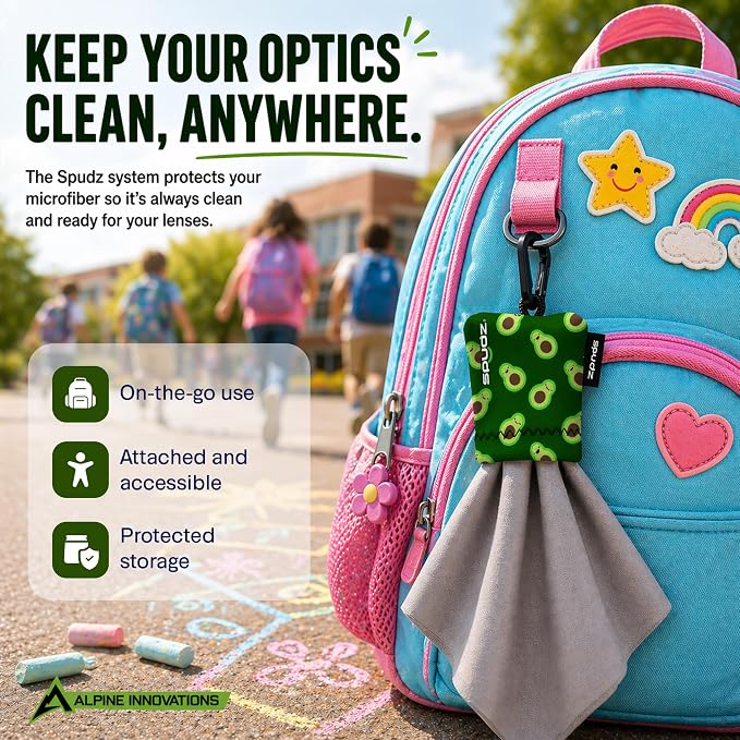 SPUDZ Classic Microfiber Lens Cleaner – Clip-On Pouch, Washable – for Binoculars, Scopes, Glasses, Screens | Classic | Alpine Mountain Camo, 10 x 10 Inch