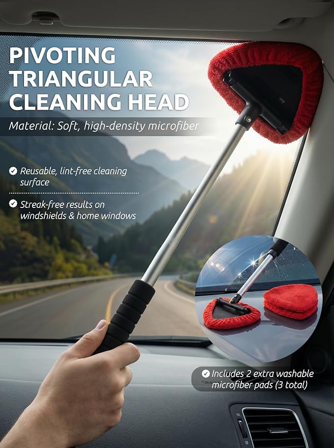 TAKAVU Window & Windshield Cleaner, Extendable, 3 Microfiber Pads (Red) | Pivoting Triangle Head Wiper Cleans Interior & Exterior Glass, 3 Washable Reusable Bonnets, Lint-Free