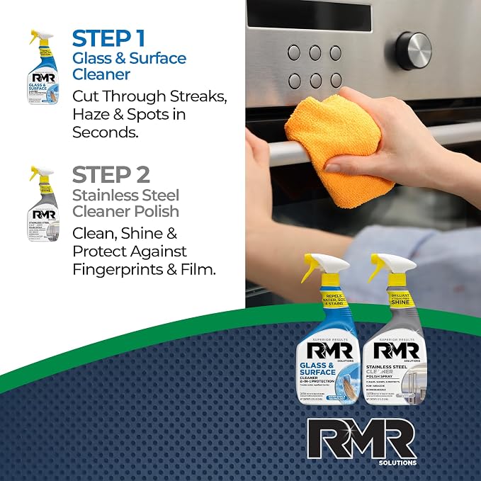 RMR Gleam Team Bundle – Glass & Surface Cleaner + Repellent and Stainless Steel Cleaner Polish, 2-Step Cleaning System for Windows, Shower Doors, Appliances, Faucets & Mirrors, 2–32 Oz Bottles