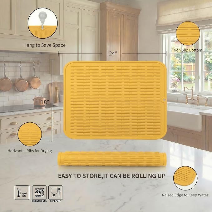 MicoYang Silicone Dish Drying Mat for Multiple Usage,Easy clean,Eco-friendly,Heat-resistant Silicone Mat for Kitchen Counter or Sink,Refrigerator or Drawer Liner Yellow 2XL 24 inches x 18 inches