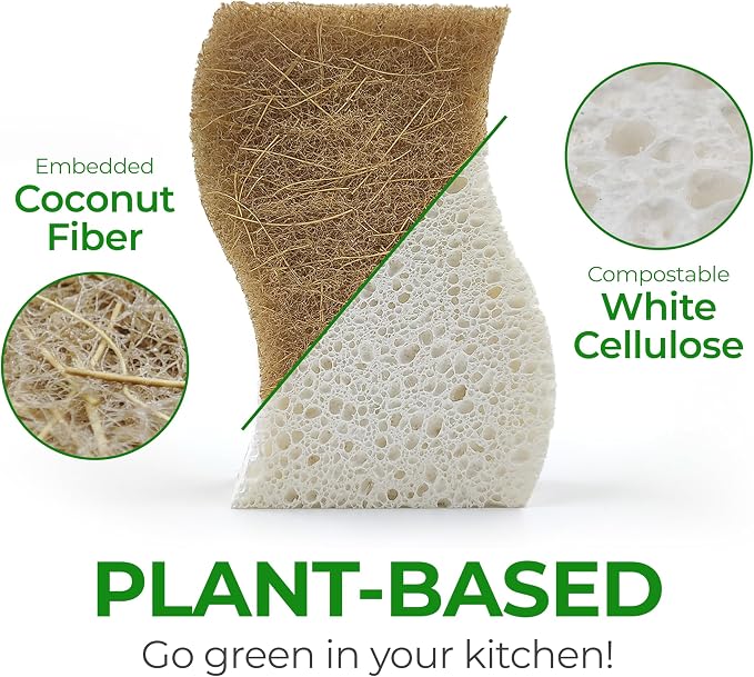 AIRNEX Natural Kitchen Sponges (12 Pack) - Biodegradable Cellulose & Coconut Scrubber Dish Sponges for Kitchen - Eco-Friendly, Non Scratch, Compostable, Non Toxic S-Shaped Natural Sponges for Dishes