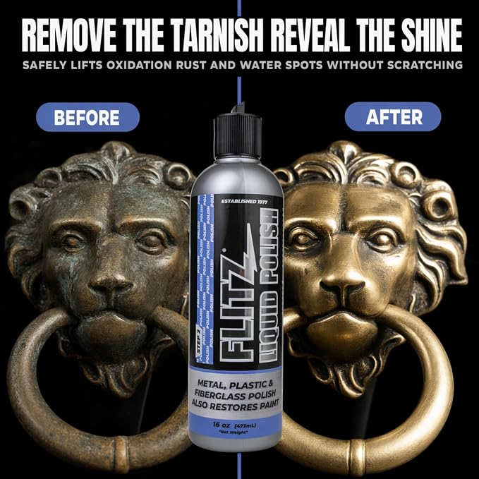 Flitz Multi Purpose Metal Polish Liquid - 16oz Bottle of USA-Made Tarnish Remover - For Aluminum, Chrome, Brass, Nickel, Silver - Non-Abrasive Metal Cleaner and Polish, Restorer (1 Pack)