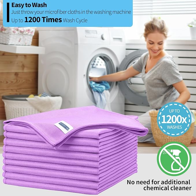 Microfiber Cleaning Cloth - 10 Pack Glasses Cleaning Cloth, 16" x 14" Window Cleaning Rags, Streak Free Lint Free Polishing Cloths Wipes for Eye Glass, Stainless Steel, Windshield, Purple
