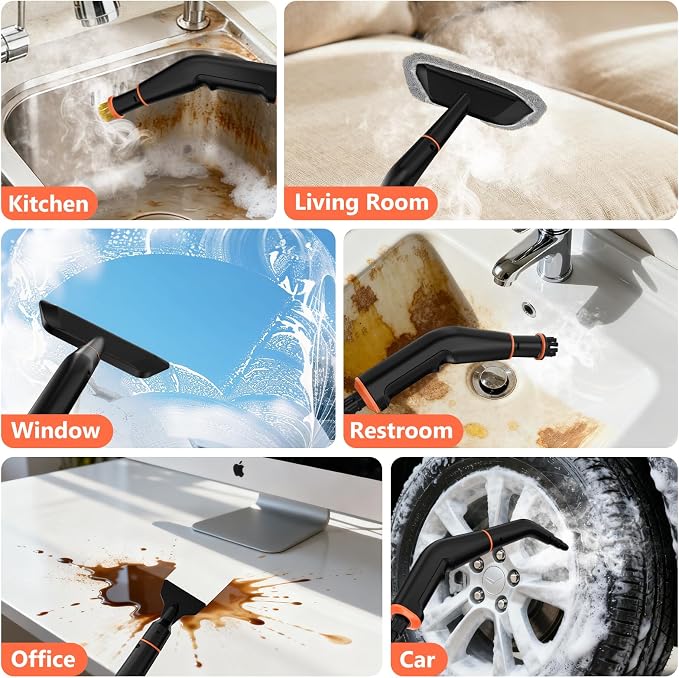 Steam Cleaner, Portable Steamer for Cleaning with 16pcs Accessories, 6-Level Adjustable and 15s Heat-Up, Handheld Steam Cleaner for Home, Tile, Dirt, Grout, Grease, Car Detailing