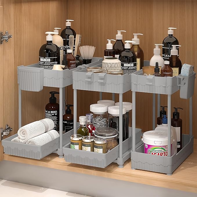 Sevenblue 3-Pack 2-Tier Under Sink Organizers with Sliding Drawers | Multi-use kitchen & bathroom storage, 12.8 inch gray cabinet organizer, space-saving sliding drawer design.