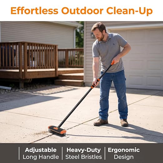 3 in 1 Scrub Brush with Long Handle – Your All-Purpose Deck Brush, Weeding Tool & Concrete Scrubber Tackle Patio Weeds, Floor Stains, Moss, and Rust with one Versatile Set. (Orange)
