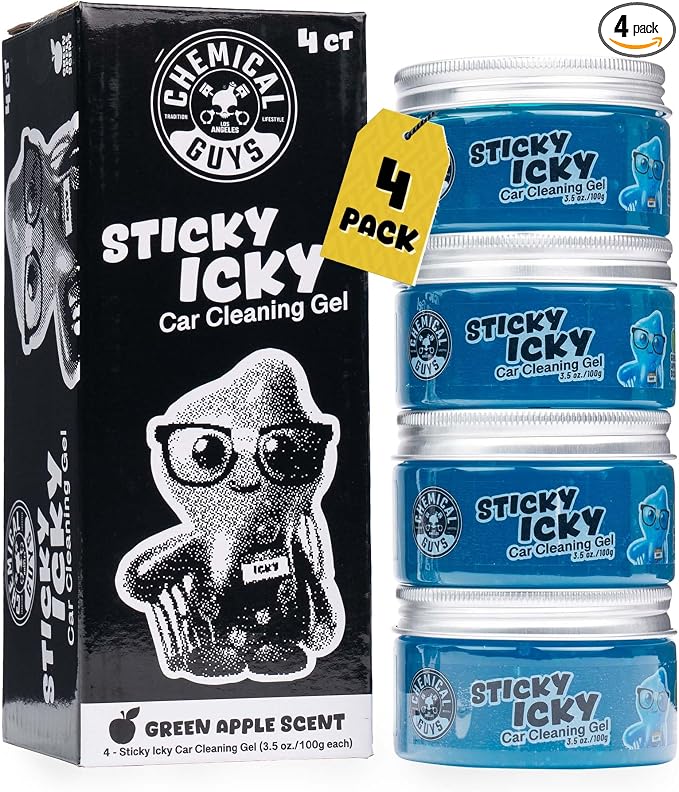 Chemical Guys, Sticky Icky Car Cleaning Gel, Green Apple, 4 Pk | Reusable car interior gel presses into vents, consoles and cup holders to lift dust and crumbs, fresh green apple scent