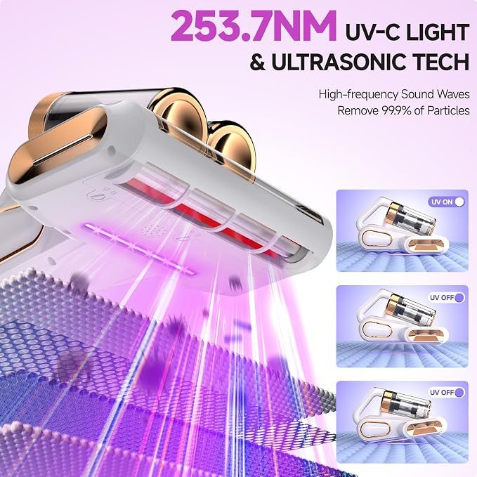 Mattress Vacuum Cleaner - 16Kpa Bed Vacuum with 253.7nm UV-C Light, 140°F Heat, Ultrasonic Tech & Hepa Filter, Portable Handheld Couch Cleaners for Pet Carpet Sofa Hair Home (White/G-Cordless)