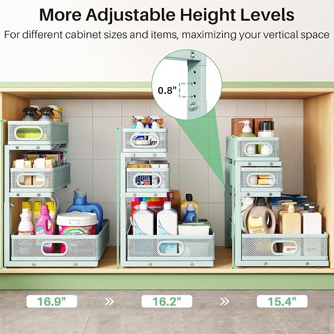 Under Sink Organizer, 1-Pack 3-Tier Height Adjustable Thickened Metal Pull out Cabinet Organizer Shelf, Slide out Storage Drawer Rack for Bathroom Kitchen Pantry Home Organization, LightBlue