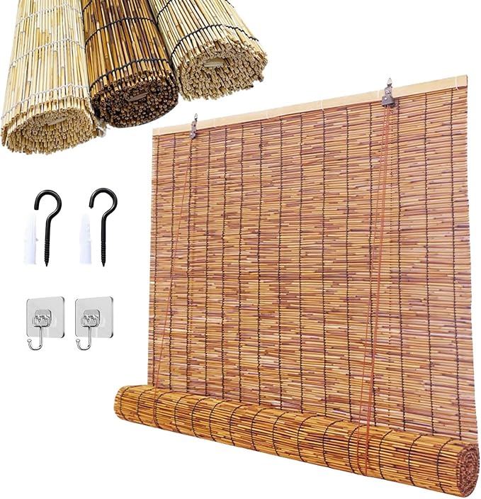 Bamboo Shades for Outdoor Patio, Natural Reed Roller Blinds for Indoor Windows, Retro Cordless Shades 20 22 27 30 36 48 72in Outside Privacy Bamboo Roll Up Shades(Brown,62" W x 72" H)