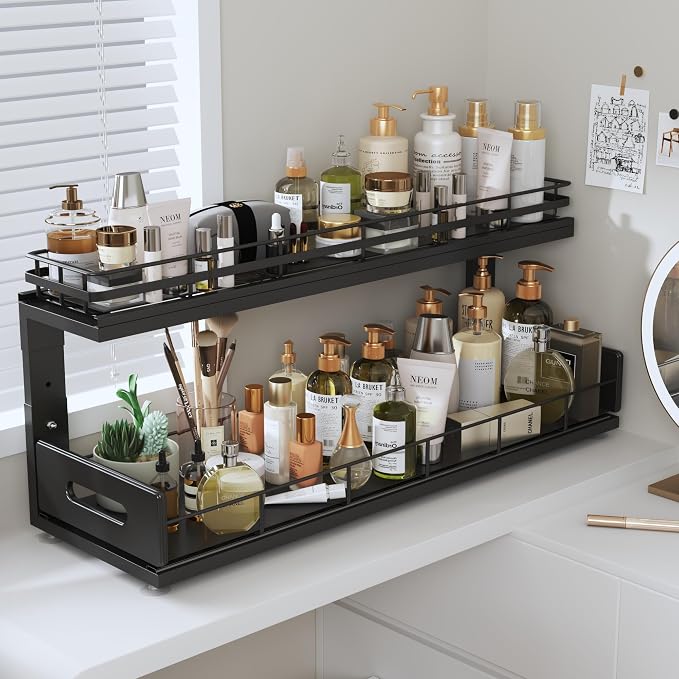 Under Sink Organizer Upgrade To Professional Rails,2-Tier Dual Pull Out Cabinet Storage,Height Adjustable Slide Out Drawers For Bathroom Kitchen,2 Pack-21"Dx12.8"-16.9"H,Black