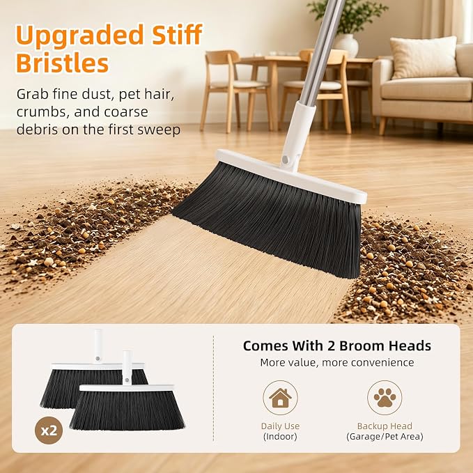 Broom with Dustpan Combo Set, 53" Long Handle, Includes 2 Broom Heads | Collapsible Broom and Dustpan Set, 180° Swivel Broom Head, 360° Lockable Dustpan, Built-in Hair Comb