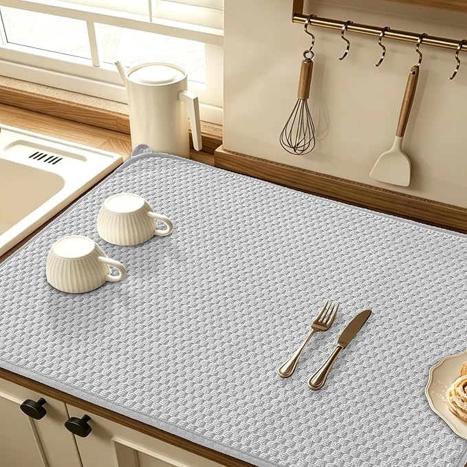 2 Pack Microfiber Dish Drying Mat,30*24 inch Absorbent Dish Drainer Kitchen Counter,Large Size Dish Drying Pad for Countertops,Sinks,Draining Racks(Gray)