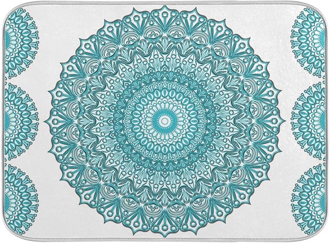Super Absorbent Dish Drying Mat, Microfiber Fast-Drying Dish Mat, 16" x 18", Kitchen Dish Drying Pad, Boho Ethnic Turquoise Mandala