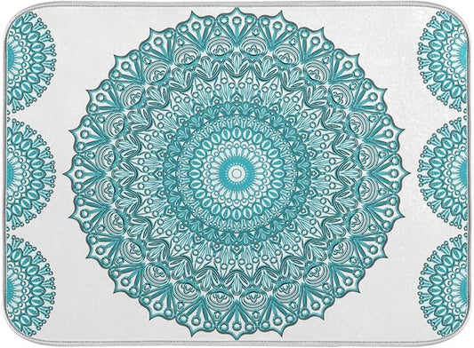 Super Absorbent Dish Drying Mat, Microfiber Fast-Drying Dish Mat, 16" x 18", Kitchen Dish Drying Pad, Boho Ethnic Turquoise Mandala