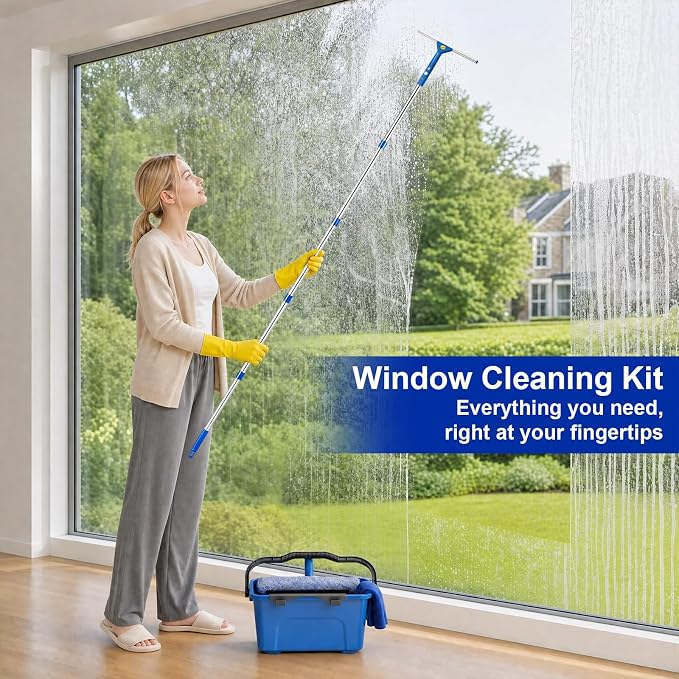 Professional Window Cleaning Kit, Window Washing Kit with 3 Gallon Bucket, 14-Inch Squeegee, 15-Inch Scrubber, 76-Inch Extendable Pole, Set of Window Cleaning Equipment for Home & Commercial Use
