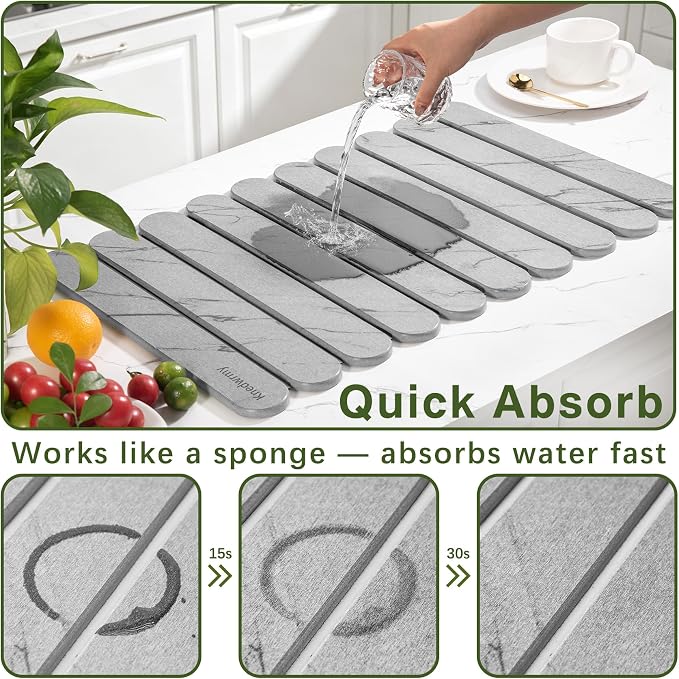 Stone Drying Mat for Kitchen Counter, 24"x16" Quick Dry Stone Dish Drying Mat, Foldable Absorbent Diatomaceous Earth Pad for Plates Cups Utensils (Gray)