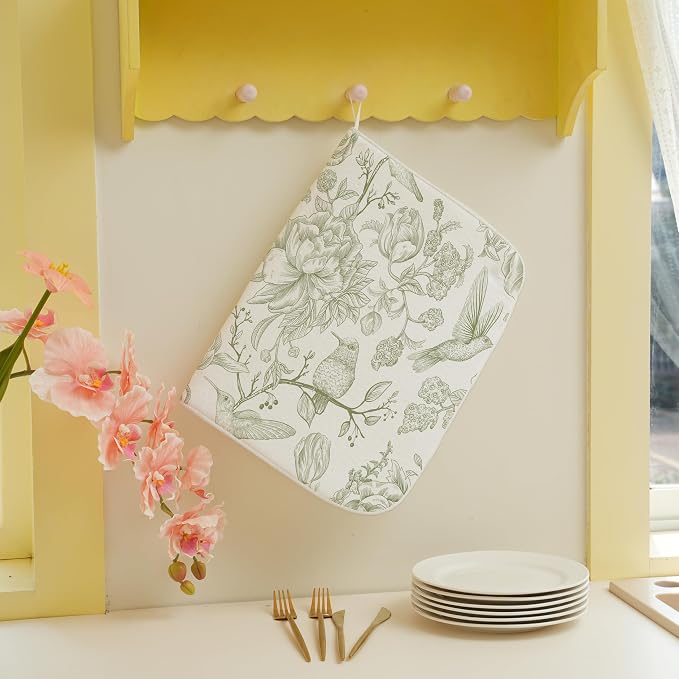 Floral Dish Drying Mat 18x24 Inches For Kitchen Counter Chinoiserie Sage Green Flower Birds Kitchen Decoration Drying Mat Decorative Drying Pad Mat for Home Kitchen,Dining Room,Office Decor