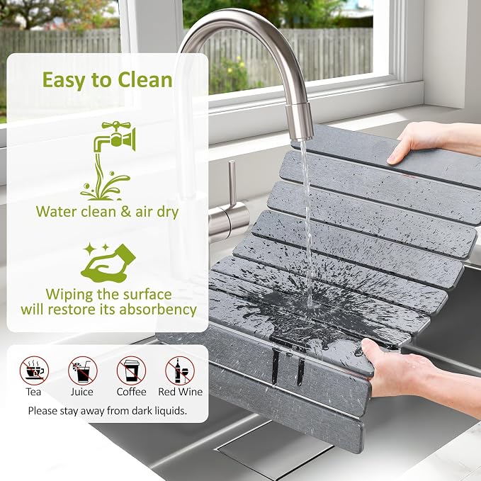 Large Stone Dish Drying Mat for Kitchen Counter, 24"(L)×16"(W), Collapsible Quick Dry Stone Dish Mats, Super Absorbent Diatomaceous Earth Drying Pad for Dishes Bottles Cups, Countertops (Light Grey)