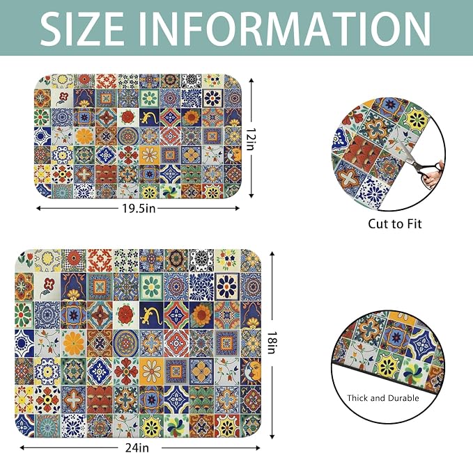 Dish Drying Mat 2-Pack with Talavera for Kitchen Counter Absorbent Dishes | Diatom Mud Mats (18x24, 19.5x12"). Non-slip rubber back for kitchen counter, coffee bar & sink scenes
