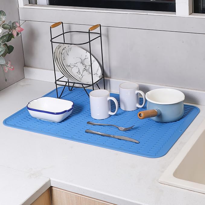 MicoYang Silicone Dish Drying Mat for Multiple Usage,Easy clean,Eco-friendly,Heat-resistant Silicone Mat for Kitchen Counter or Sink,Refrigerator or Drawer Liner Lichen BlueL 3XL 28 inches x 18 inches