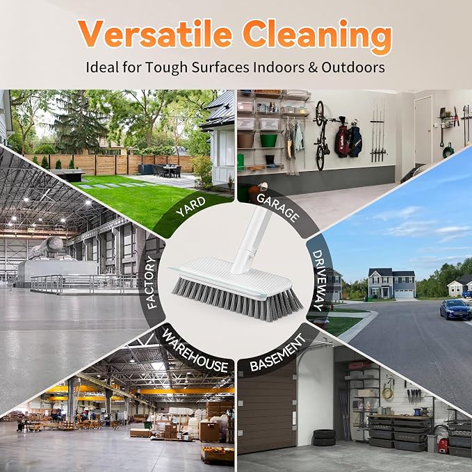 Leemone Floor Scrubber, Stainless Steel Wire Scrub Brush with Long Handle | Sturdy, with Squeegee, Deep Cleaning for Concrete, Patio, Driveway, Garage Floor, Pavers, Grout & Moss Removal