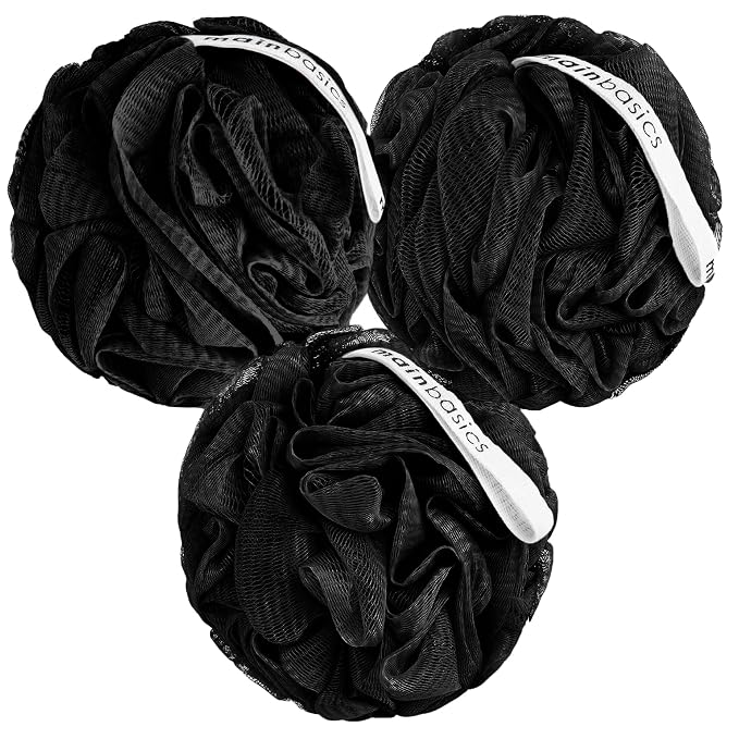 MainBasics Shower Loofah Sponge Pouf, Set of 3, Triple Black | Soft Mesh Body Scrubber and Bath Sponge for Gentle Exfoliation, Rich Lather, and Everyday Shower Use
