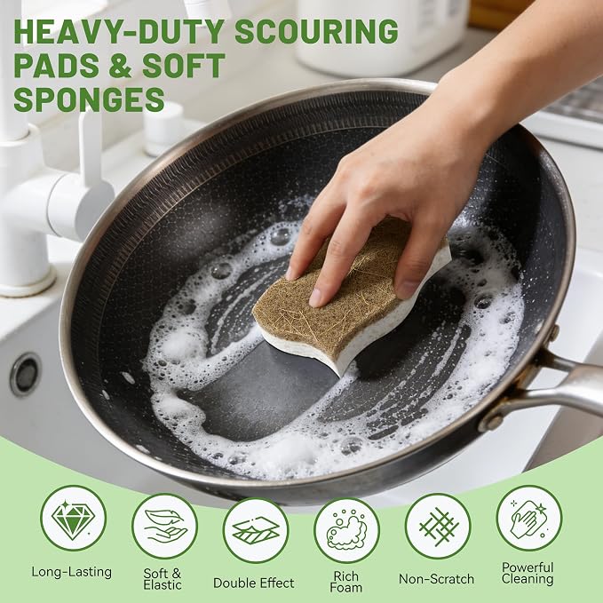 LILAC 12 Pack Natural Cellulose Sponges for Dishes - Non-Scratch Kitchen Scrub Sponges - 100% Biodegradable & Eco-Friendly Cleaning Sponges for Non-Stick Cookware, Bathroom & Household